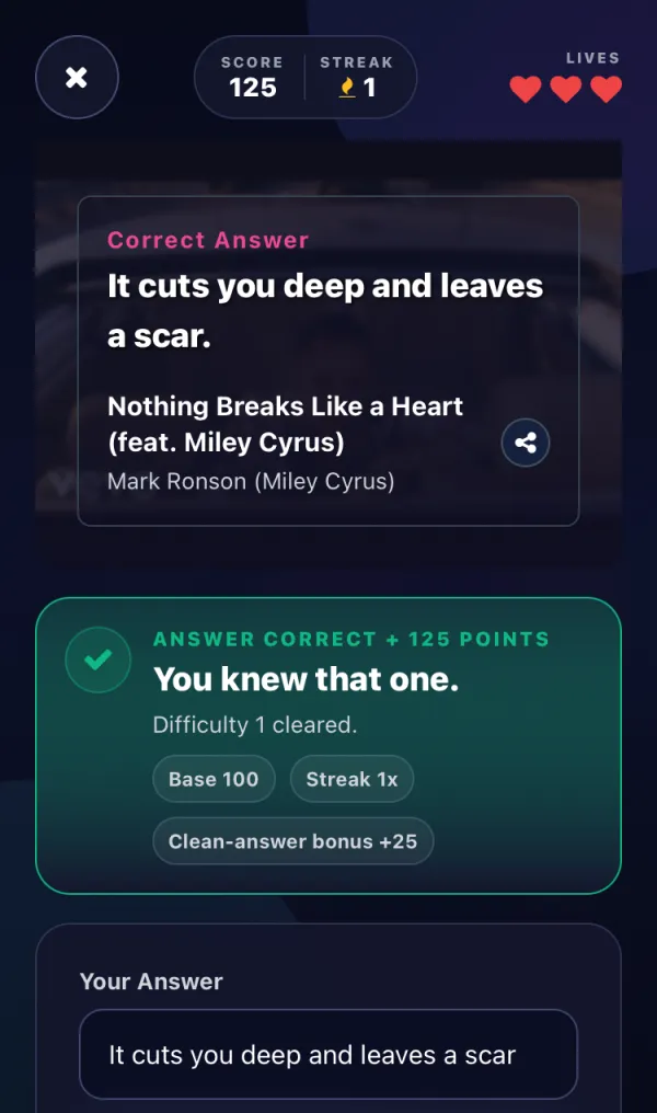 A correct answer screen awarding 125 points with a streak bonus